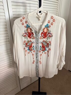 paper doll White Embroidered Boho Tunic with Red and Blue Floral Accents